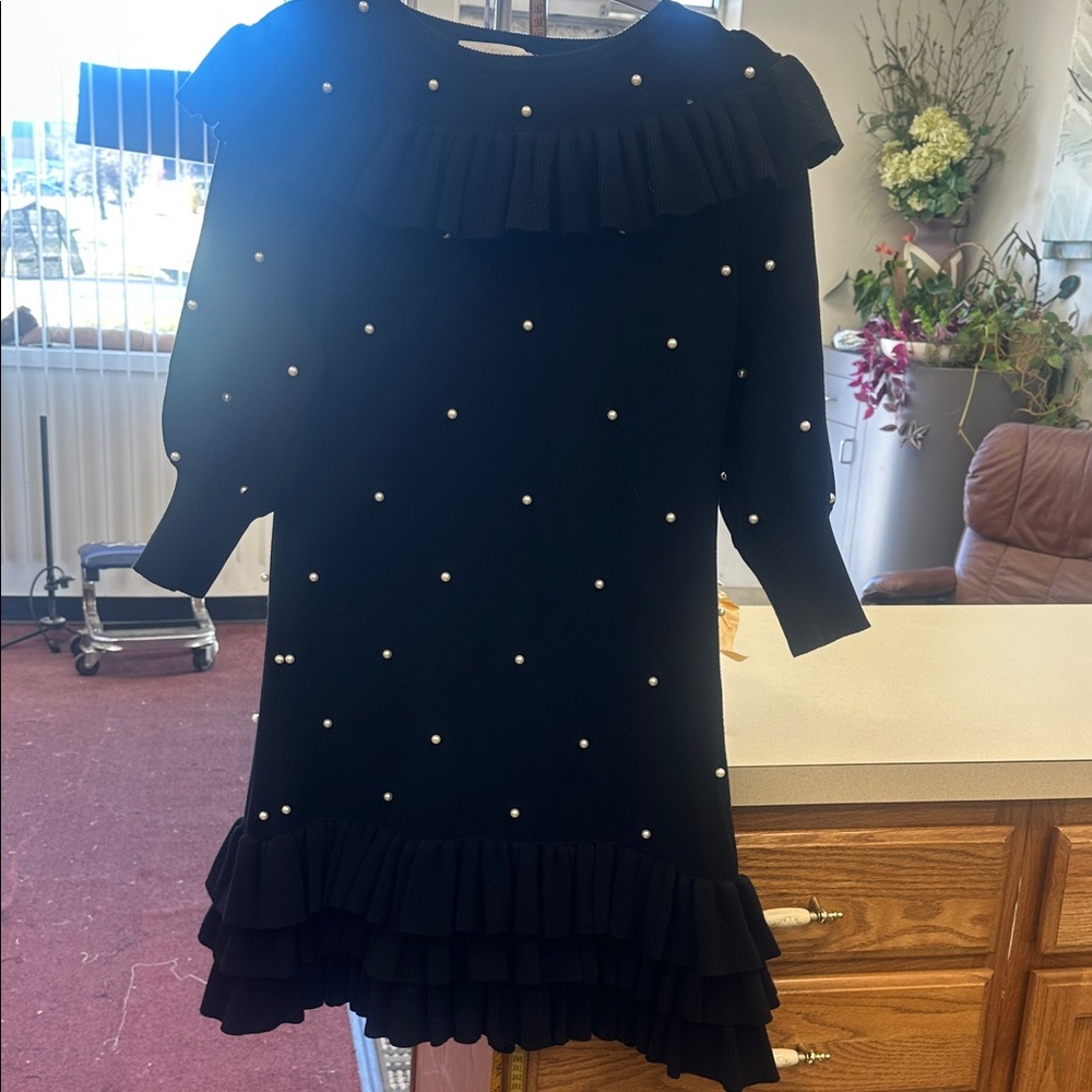 Rare Anne Fontaine Black  Dress with Pearl Details 3/4 sleeve brand new